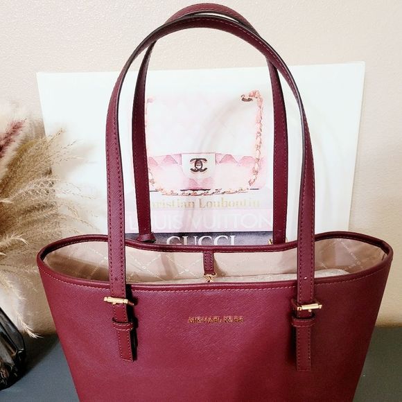 Michael Kors Jet Burgundy Leather Tote Bag - Picture 2 of 13